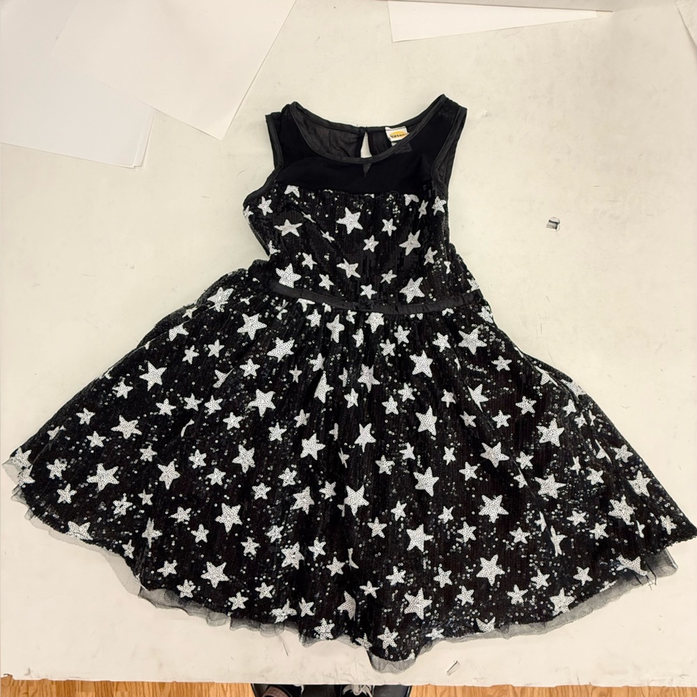 HARAJUKU MINI GWEN STEFANI BLACK WHITE SEQUIN STAR DRESS L 10-12